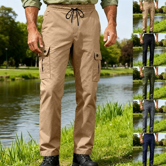 Xdegoge Mens Cargo Pants High Waist Straight Leg Trousers Plus Size Lightweight Casual Pant Workout Outdoor Lounge Drawstring Trouser with Multi Pockets