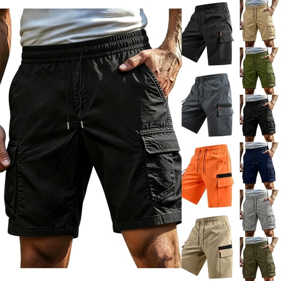 LEKWK Mens Cargo Shorts Elastic Waist Lightweight Drawstring Cargo Shorts with Pockets Mid Rise Loose Fit Bermuda Shorts Hiking Fishing Travel Outdoor Everyday Wear Black L