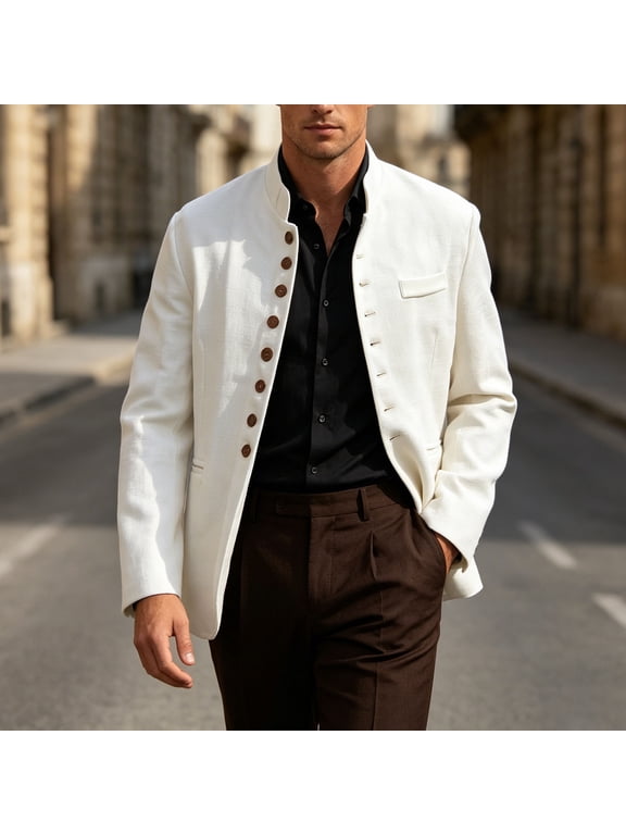 Mens Casual Blazer Jackets Mandarin Collar Button Down Suit Coats Lightweight Cotton Linen Blend Outerwear Smart Regular Fit Wedding Business Dinner Daily Wear