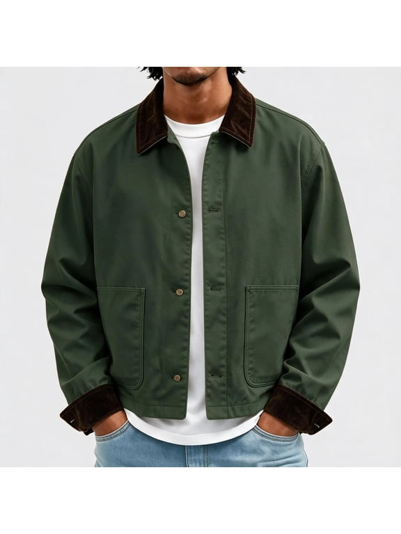 Mens Casual Chore Jacket Contrast Corduroy Collar Button Down Lightweight Coat with Patch Pockets Vintage Workwear Outerwear Green XL