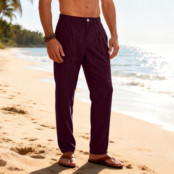Xdegoge Mens Casual Pants Lightweight Breathable Straight Leg Pleated Front Trousers with Pockets Beach Vacation Relaxed Fit Chinos Dress Pants