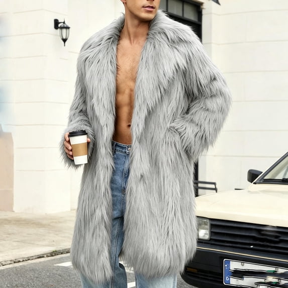 Xdegoge Mens Coat Luxury Long Jacket Fluffy Winter Warm Overcoat Lapel Collar Thick Outerwear for Party Fashion Clubwear Streetwear