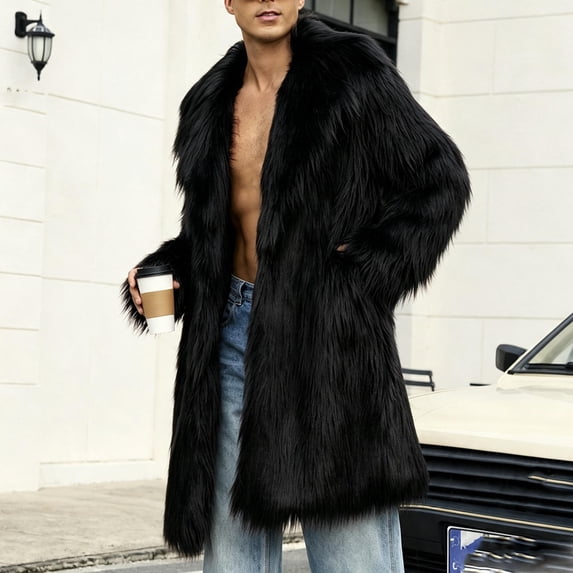 Xdegoge Mens Coat Luxury Long Jacket Fluffy Winter Warm Overcoat Lapel Collar Thick Outerwear for Party Fashion Clubwear Streetwear
