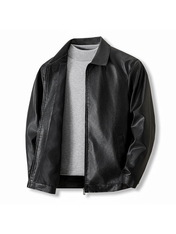 Mens Faux Leather Jacket Casual Collared Full Zip Motorcyle Biker Coat Lightweight Fall Winter Vintage Style Classic Outerwear with Pockets