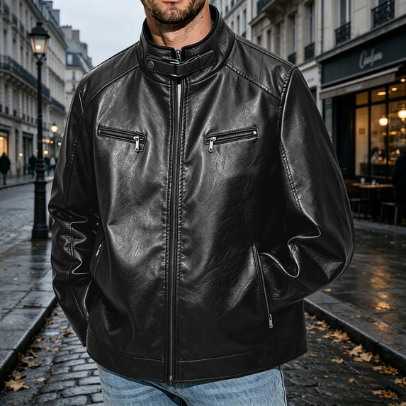 Xdegoge Mens Faux Leather Motorcycle Jacket Stand Collar Moto Biker Coat with Zipper Pockets Casual Outerwear for Fall Winter Windproof Slim Fit Riding Jackets