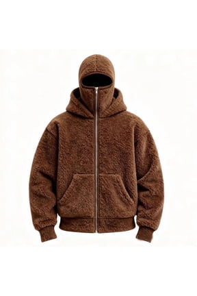 Mens Fuzzy Sherpa Hoodie Full Zip Warm Fleece Jacket with Built-In Balaclava Face Mask Heavyweight Winter Casual Outerwear