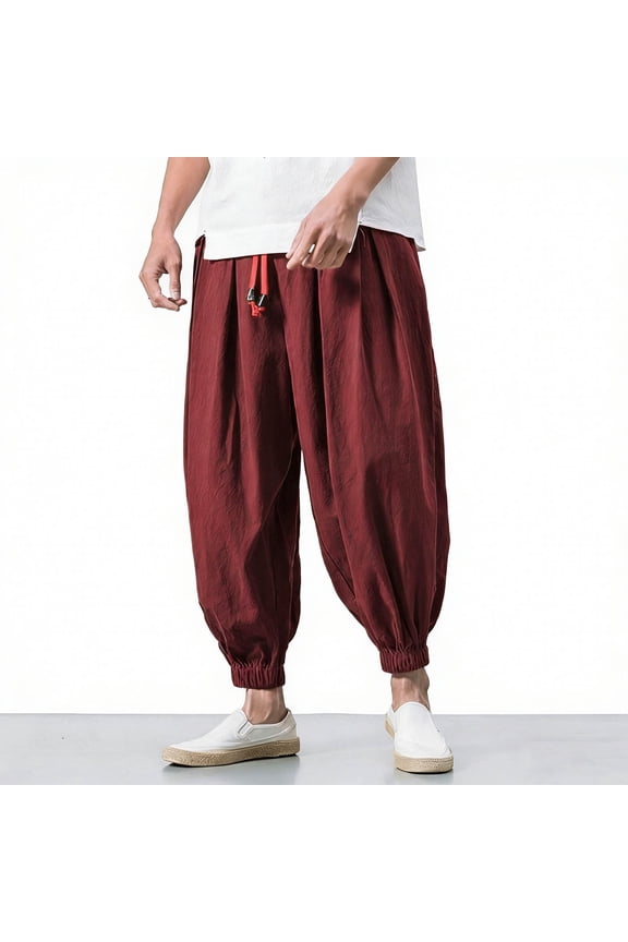 Mens Harem Pants Casual Wide Leg Drop Crotch Elastic Waist Drawstring Comfy Lightweight Breathable Lounge Yoga Summer Vacation Baggy Trousers