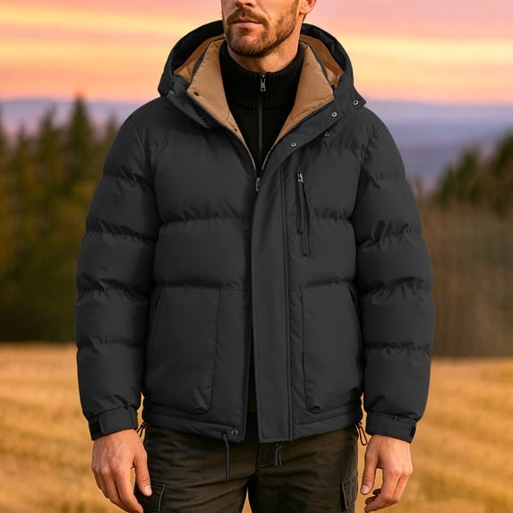 Xdegoge Mens Heavyweight Puffer Jacket Hooded Winter Coat Thick Quilted Outerwear Windproof Parka with Pockets for Cold Weather Snow Snowboard Ski