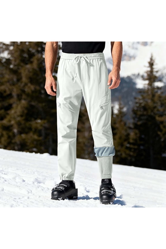 Mens Hiking Pants Elastic Drawing Waisted Pants Soft Shell Waterproof Windproof Bottoms Insulated Outdoor Warm Ski Pants with Multi Zipper Pockets & Removable Lining