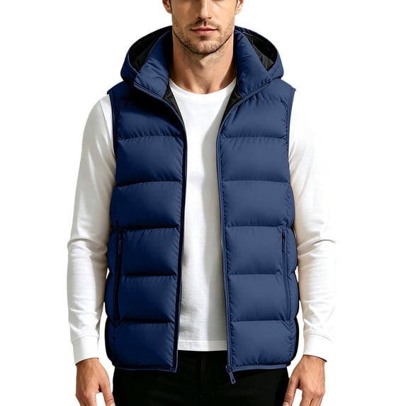 Xdegoge Mens Hooded Puffer Vest Sleeveless Winter Jacket Thick Insulated Warm Quilted Gilet Full Zip Windproof Outerwear for Cold Weather Casual Outdoor Layering