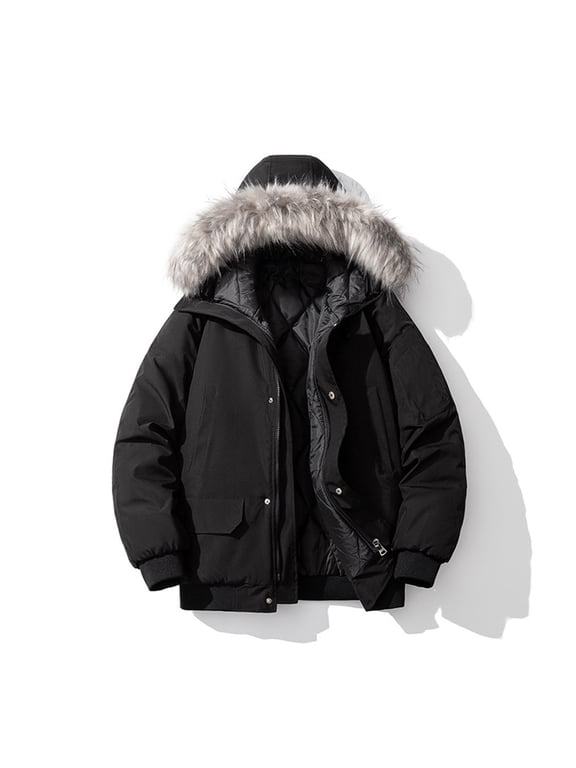 Mens Down Jacket Full Zip Stand Up Collar Jackets with Pockets Casual Loose Fitting Coats Fashion Solid Color Coat Furry Trimmed Hood Outerwear