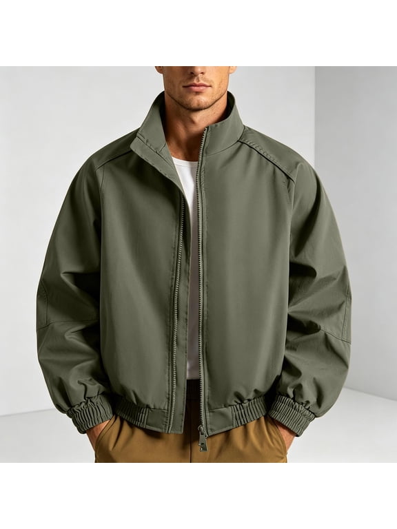 Mens Lightweight Jacket Stand Collar Full Zip Casual Bomber Coat with Pockets Outdoor Windbreaker Spring Fall Outerwear Army Green L