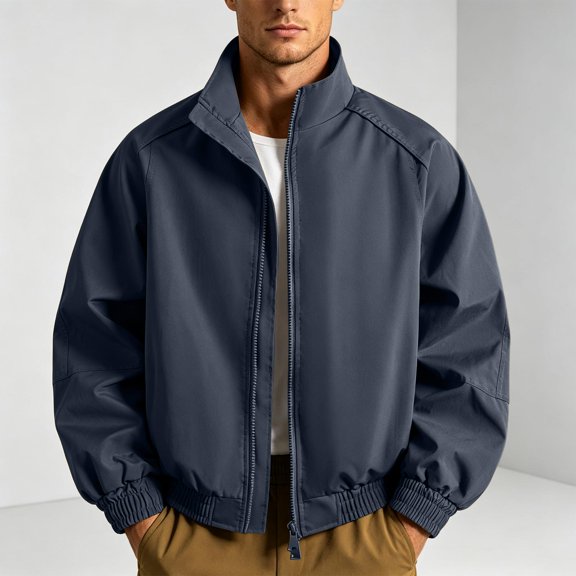 Xdegoge Mens Lightweight Jacket Stand Collar Full Zip Casual Bomber Coat with Pockets Outdoor Windbreaker Spring Fall Outerwear Navy M