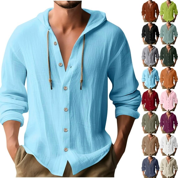 Xdegoge Mens Linen Hoodies Plus Size Lightweight Long Sleeve Button Down Drawstring Hooded Shirts Solid Color Oversized Sweatshirts Fall Fashion Tops Y2K Vacation Outfits Streetwear Ropa De Hombre