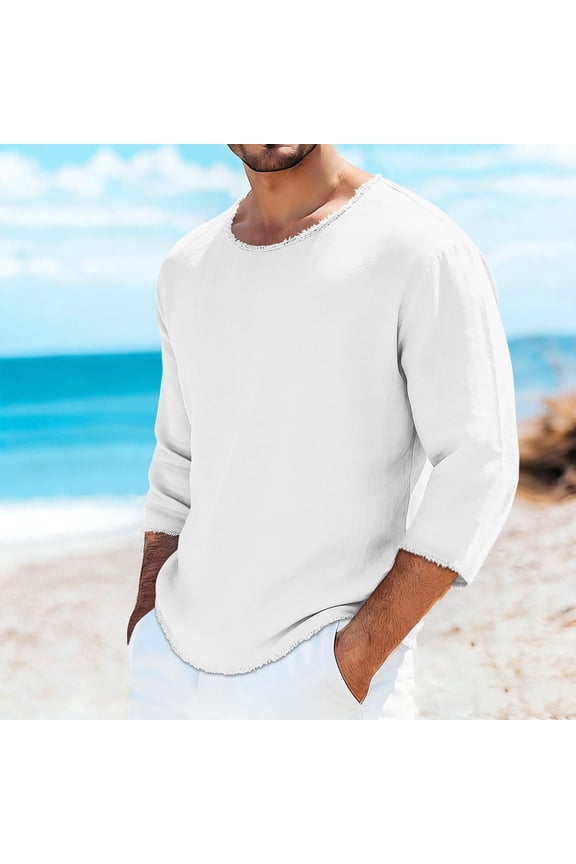 Mens Linen Shirts Scoop Neck Long Sleeve Pullover Casual Hippie Boho Beach Fashion Lightweight Breathable Relaxed Fit Tees