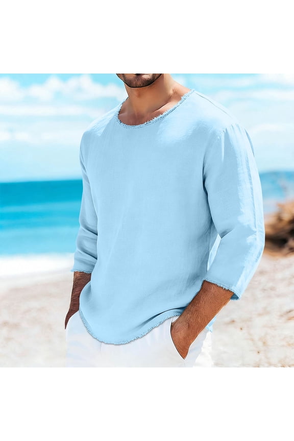 Mens Linen Shirts Scoop Neck Long Sleeve Pullover Casual Hippie Boho Beach Fashion Lightweight Breathable Relaxed Fit Tees