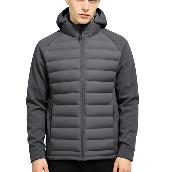 Xdegoge Mens Mixed Media Puffer Jacket Fleece Sleeves Athletic Winter Coat with Hood Running Full Zip Workout Golf Fall Spring Casual Outerwear