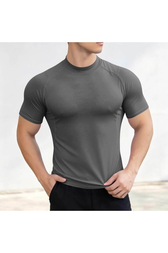 Mens Mock Neck Short Sleeve T Shirt Muscle Fit Athletic Performance Compression Tee Quick Dry Stretchy Workout Gym Base Layer Running Sports Shirts