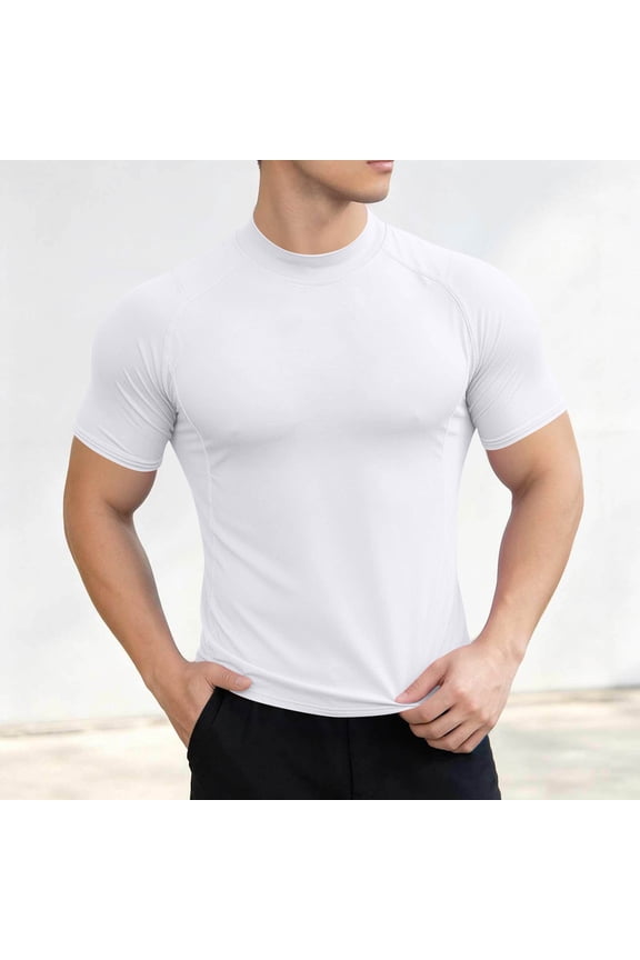 Mens Mock Neck Short Sleeve T Shirt Muscle Fit Athletic Performance Compression Tee Quick Dry Stretchy Workout Gym Base Layer Running Sports Shirts