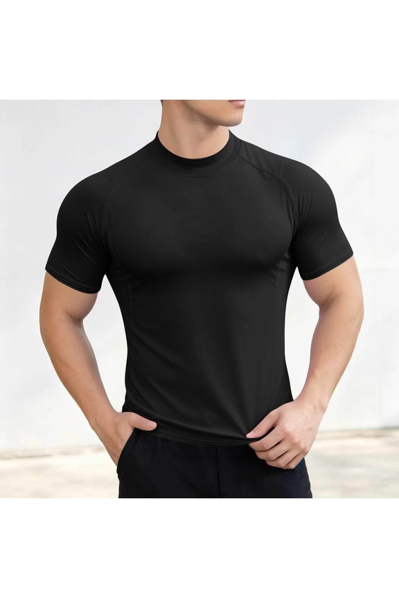 Mens Mock Neck Short Sleeve T Shirt Muscle Fit Athletic Performance Compression Tee Quick Dry Stretchy Workout Gym Base Layer Running Sports Shirts