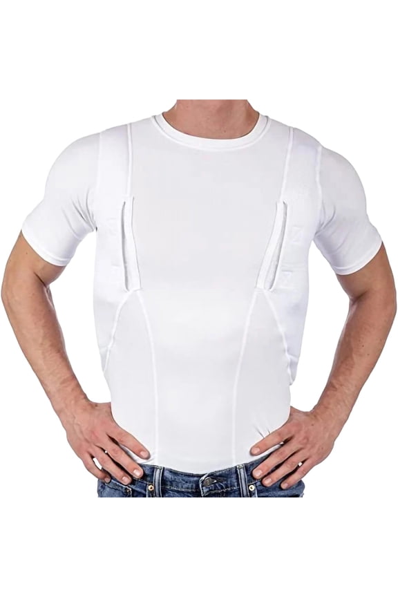 Mens Muscle Fit Hiking T-Shirt Quick-Dry Performance Fabric Crew Neck Short Sleeve Compression Tee with Hidden Pockets for Gym Workout Sport