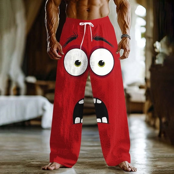 Xdegoge Mens Pants Novelty Graphic Funny Print Casual Straight Leg Elastic Waistband Trousers Comfortable Lightweight Outdoor Vacation Home Bottoms