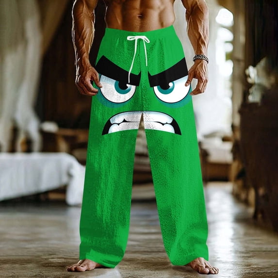 Xdegoge Mens Pants Relaxed Fit Funny Graphic Print Novelty Lounge Elastic Waist Drawstring Bottoms Party Lightweight Comfy Casual Wide Leg Trousers
