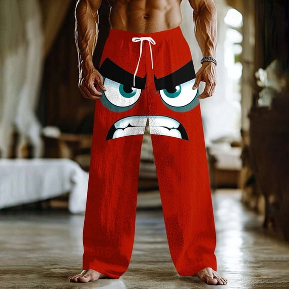 Xdegoge Mens Pants Relaxed Fit Funny Graphic Print Novelty Lounge Elastic Waist Drawstring Bottoms Party Lightweight Comfy Casual Wide Leg Trousers