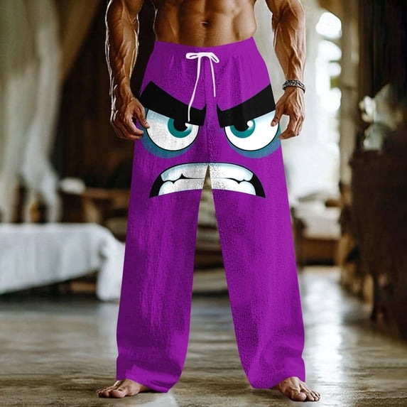 Xdegoge Mens Pants Relaxed Fit Funny Graphic Print Novelty Lounge Elastic Waist Drawstring Bottoms Party Lightweight Comfy Casual Wide Leg Trousers