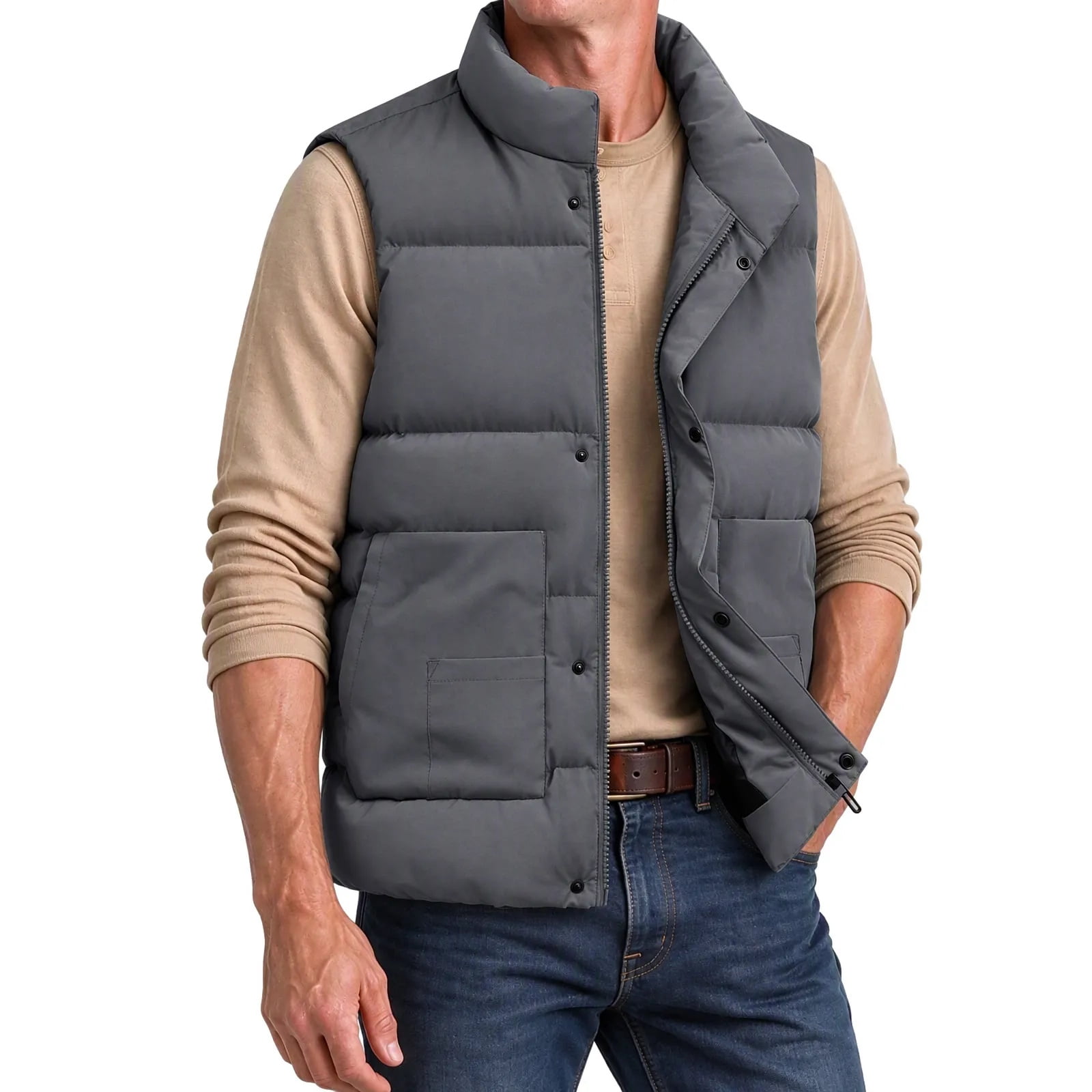 Zip Button Snap Xdegoge Mens Puffer Vest Winter Warm Stand Collar Sleeveless Quilted ...