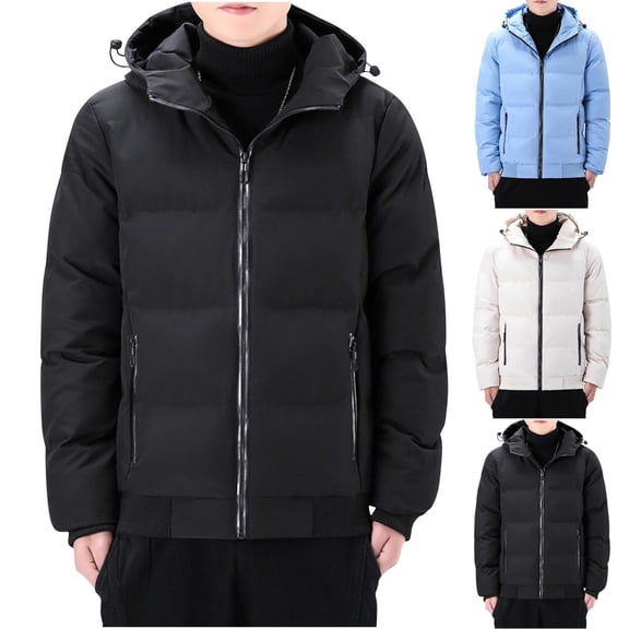 Xdegoge Mens Quilted Jacket Plus Size Windproof Windbreaker Full Zip Drawstring Hooded Jackets Outdoor Sport Warm Coat Fall Winter Cold Protection Outerwear with Pockets for Running