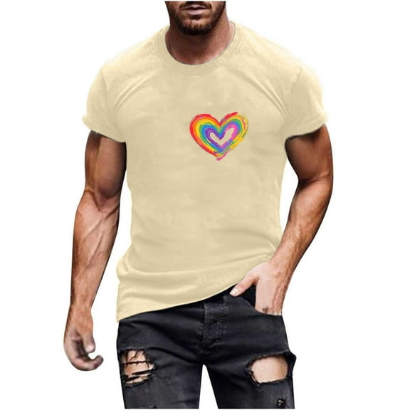 Xdegoge Mens Rainbow Heart T-Shirt Short Sleeve Round Neck Design Soft Fabric Comfortable Fit for Casual Wear and Pride Events