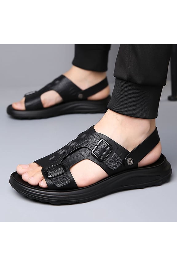 Mens Sandals Summer Leather Beach Footwear Alligator Texture Double Buckle Straps Backstrap Open Toe Athletic Sole Outdoor Walking Hiking Casual Water Sandals