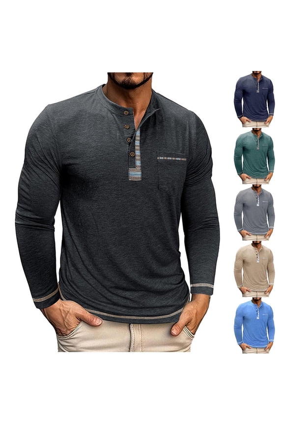 Mens Shirt Long Sleeve Henley collar Top Button Placket Soft Breathable Shirts Casual Loose Daily Gathering Office Wear with Pockets