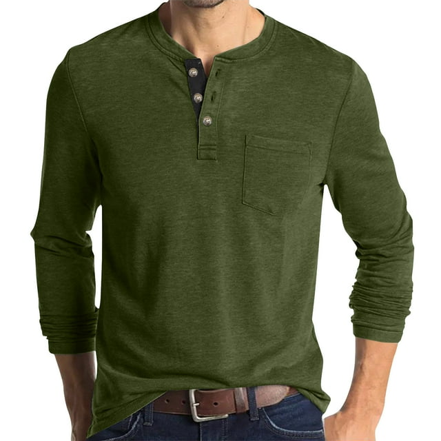 Xdegoge Mens Shirts Fashion Casual Front Placket Basic T-Shirts Solid Color Crewneck Top Mens Long Sleeve Tee Shirts Stretchy Clothes Daily Deals Camisas Para Hombres Manga Larga