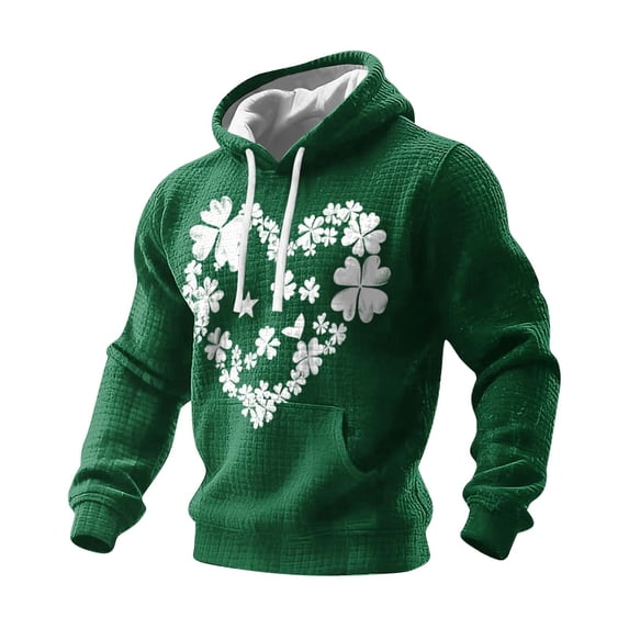 Xdegoge Mens St Patricks Day Hoodie Long Sleeve Heart Shamrock Graphic Sweatshirt Casual Drawstring Hooded Pullover Soft Top for Holiday Festival Party Wear