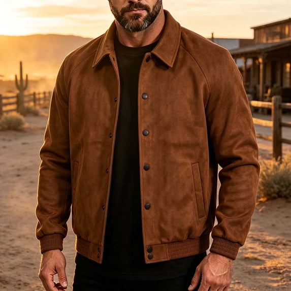 Xdegoge Mens Suede Leather Bomber Jacket Vintage Snap Button Up Motorcyle Coat Casual Fall Lightweight Everyday Outerwear