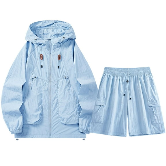 Xdegoge Mens Summer Sun Protection Jacket Set with Shorts Zipper Loose Fit Long Sleeve Jacket Outfits Pockets Outdoor Cycling Sports Workout Hooded Outdoor Mountain Sport Hooded Jacket with Shorts