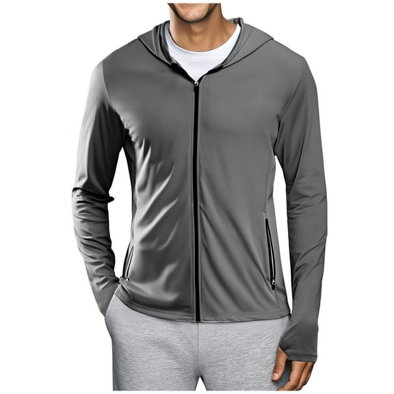 Xdegoge Mens Sun Protection Jacket Upf 50  Hoodie Summer Long Sleeve Full Zip Uv Spf Cooling Shirt with Thumb Holes Breathable Lightweight Athletic Gym Jackets with Pockets Outwear Clothes Gray L