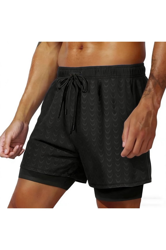 Mens Swim Trunks High Waisted Drawstring 2 in 1 Bathing Suits with Compression Liner Smooth Fabric Geometric Pattern Quick Dry Feature Pool Beachwear