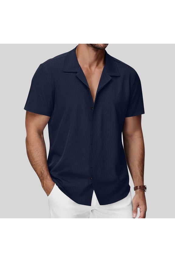 Mens Textured Short Sleeve Button Down Shirt Casual Resort Style Camp Collar Summer Beach Shirt Tropical Vacation Button Up Lightweight Fashion Apparel Tops