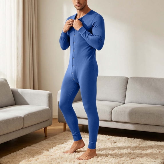 Xdegoge Mens Union Suit One Piece Pajamas Thermal Henley Sleepwear Button Down Long Johns Full Body Jumpsuit Casual Comfy Nightwear Loungewear Base Layer