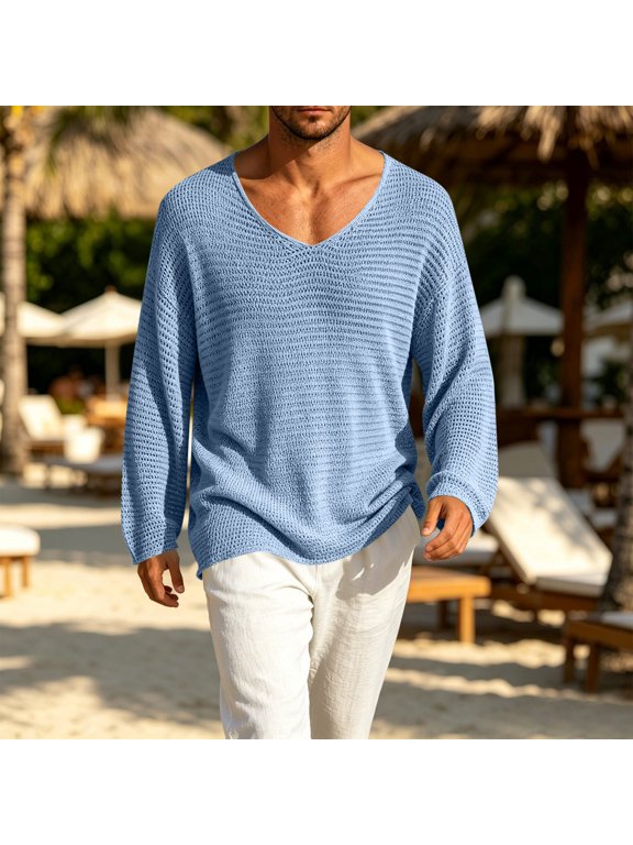 Mens V Neck Pullover Sweater Open Knit Mesh Long Sleeve Tops Casual Loose Fit Crochet Shirt Breathable Lightweight Hollow Out Vacation Top