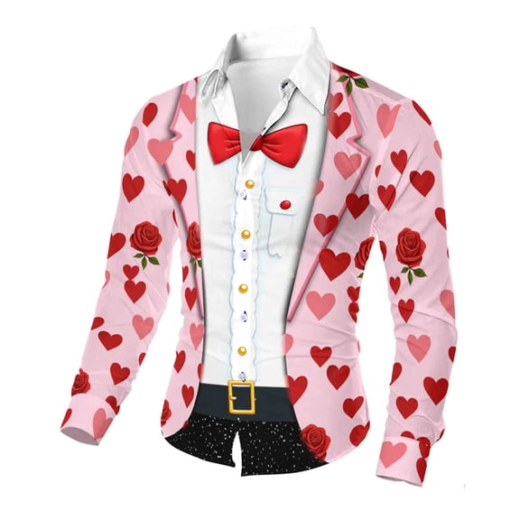 Xdegoge Mens Valentines Shirt Long Sleeve Button Up Dress Shirts Holiday Party Funny Tops Heart Graphic Dressy Casual Going Out Outfits