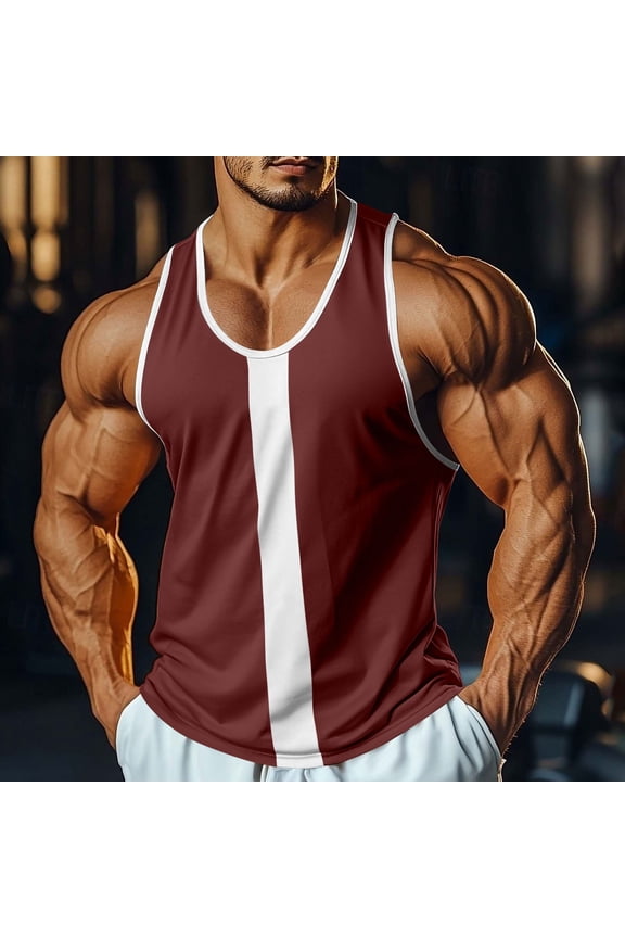 Mens Vertical Colorblock Sleeveless Tank Top Deep Armhole U Neck Muscle Fit Bodybuilding Gym Workout Weightlifting Fitness Training Athletic Stringer Active Tops Shirts