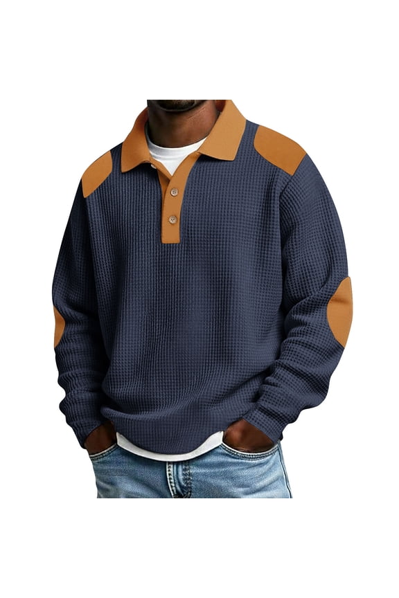 Mens Vintage Waffle-Knit Shirt Long Sleeve Casual Pullover Top with Retro Elbow Patches and Contrast Collar for Business and Daily Fashion