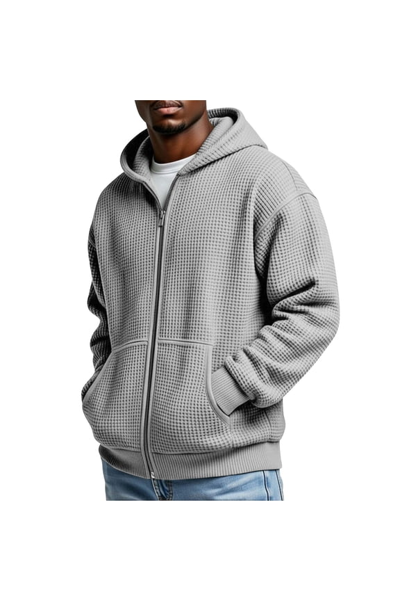 Mens Waffle-Knit Hoodie Full Zip Up Jacket Long Sleeve Regular Fit Soft Breathable Lightweight Textured Fabric Casual Hooded Outwear with Pockets
