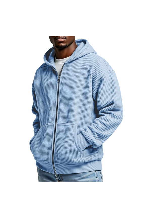 Mens Waffle-Knit Hoodie Full Zip Up Jacket Long Sleeve Regular Fit Soft Breathable Lightweight Textured Fabric Casual Hooded Outwear with Pockets