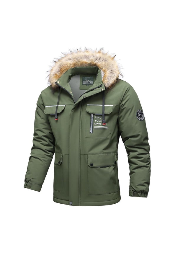 Mens Warm Jacket Full Zip Fleece Lining Coat Furry Trimmed Hood Casual Loose Fitting Outerwear Keep Warm Down Jackets with Pocket Fall Winter Outfit