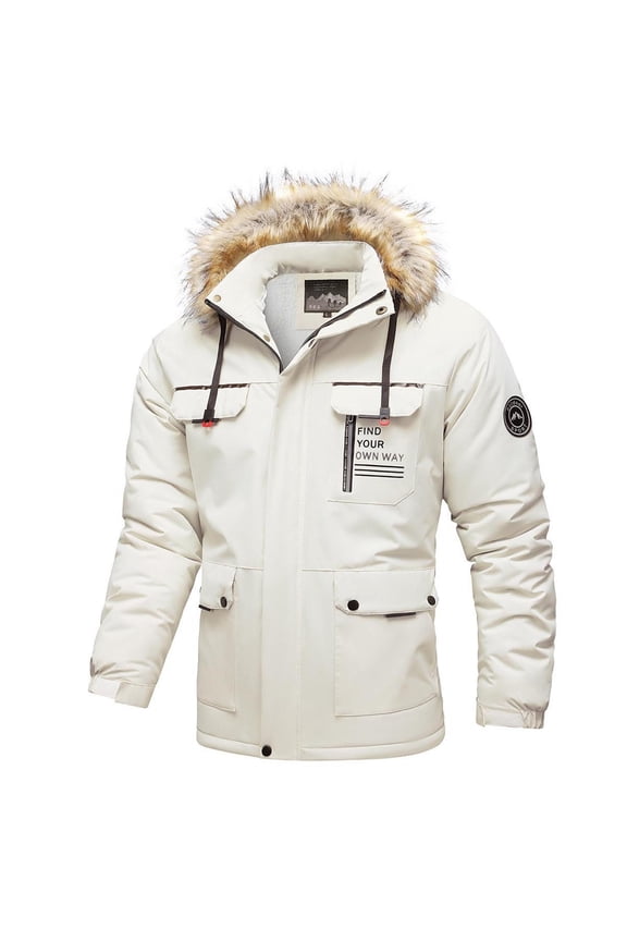 Mens Warm Jacket Full Zip Fleece Lining Coat Furry Trimmed Hood Casual Loose Fitting Outerwear Keep Warm Down Jackets with Pocket Fall Winter Outfit